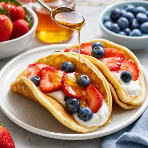 Pancake taco guarniti con fragole mirtilli e miele