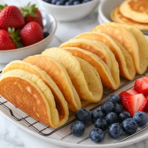 Mini pancake tiepidi piegati a forma di taco su una griglia