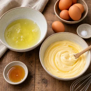 Albumi separati accanto a tuorli e formaggio cremoso lisci