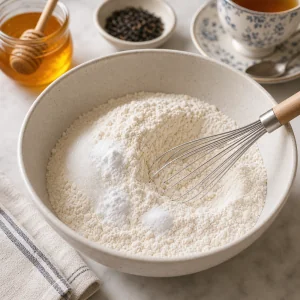 Dry pancake ingredients whisked in a mixing bowl