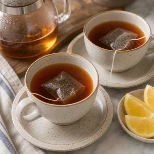 Earl Grey tea steeping in cups with lemon wedges