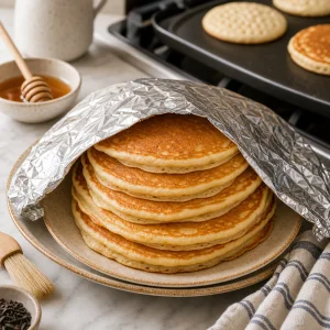 Finished pancakes kept warm under loose foil