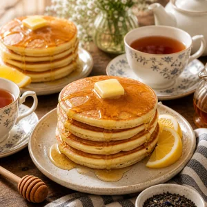Honey-drizzled pancake stack served with Earl Grey tea