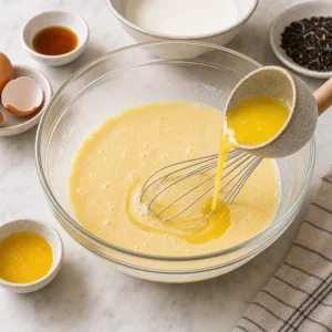 Milk, egg, vanilla, and melted butter whisked together