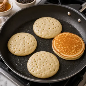 Pancakes cooking with bubbles on the surface