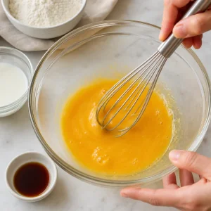 Egg yolks, milk, and vanilla whisked together for Japanese pancakes
