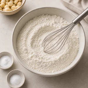 Almond flour coconut flour sweetener baking powder and salt whisked in a bowl