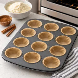Muffin tin lined with parchment paper liners for keto cinnamon roll muffins