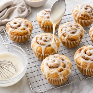 Warm keto cinnamon roll muffins drizzled with smooth cream cheese glaze