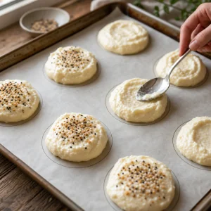 Pâte à pain nuage déposée en ronds et parsemée d assaisonnement bagel