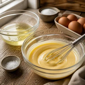 Mélange de jaunes et fromage frais fouetté à côté des blancs séparés
