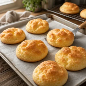 Pains nuage légèrement dorés refroidissant sur papier cuisson après cuisson
