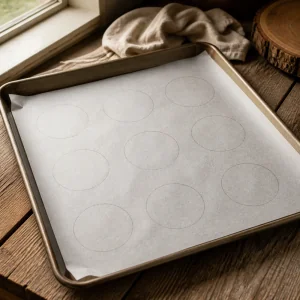 Plaque tapissée de papier cuisson avec cercles guides pour pains nuage