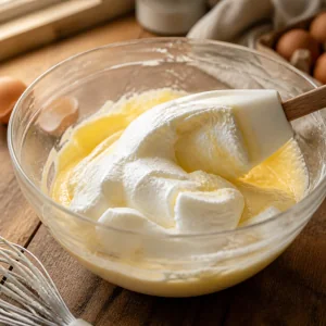 Blancs fouettés incorporés délicatement au mélange de jaunes avec une spatule