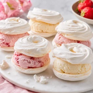 Fluffy meringue cloud ice cream sandwiches with vanilla and strawberry ice cream
