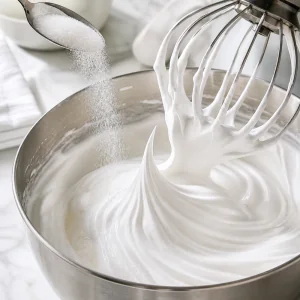 Glossy meringue beaten with sugar until stiff peaks form