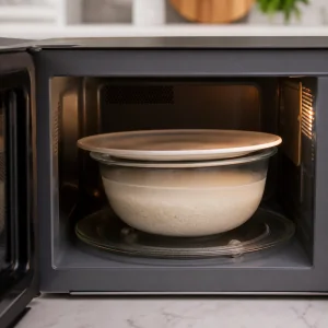 Covered bowl of rice and water inside a microwave