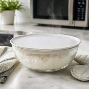 Covered bowl of steamed rice resting on the counter with steam