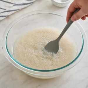 Rinsed white rice stirred with water and salt in a glass bowl