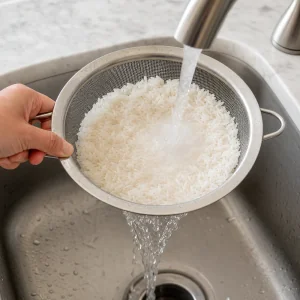 White rice rinsing in a fine-mesh sieve under running water
