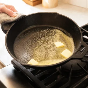 Butter melting and bubbling in a hot cast-iron skillet.