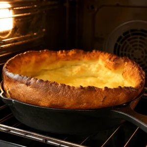 German pancake baked tall puffed and deep golden brown in the oven.