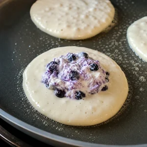 Blueberry cream cheese filling spooned into the center of pancake batter
