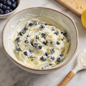 Cream cheese filling mixed with fresh blueberries and lemon zest