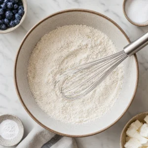 Dry pancake ingredients whisked together in a large mixing bowl