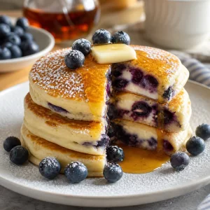 Stack of fluffy blueberry cream cheese pancakes with syrup and powdered sugar