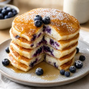 Warm stacked blueberry cream cheese pancakes served with syrup and powdered sugar
