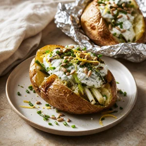 Batata assada com iogurte de cebolinha e sementes de girassol