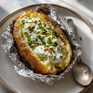 Patata aperta con yogurt ai cipollotti, semi ed erba cipollina