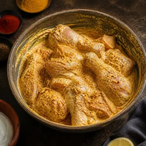Pedacos de frango cobertos com marinada de iogurte e especiarias