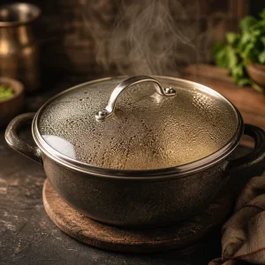 Panela de biryani fechada a repousar fora do lume