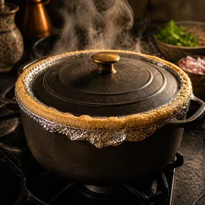 Panela de biryani tapada e selada para cozedura dum