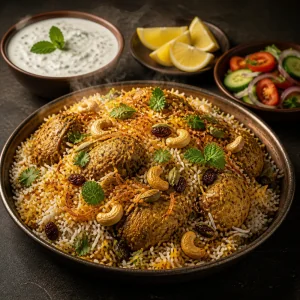Biryani de frango pronto servido com raita, limao e salada
