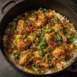 Primeira camada de biryani com arroz, frango, ervas e leite de acafrao