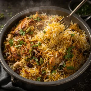 Biryani de frango solto levantado com uma colher