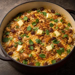 Biryani em camadas com manteiga, cebolas, ervas, caju e passas