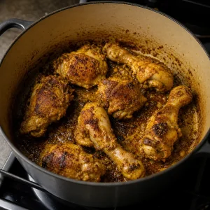 Frango marinado a dourar numa panela pesada