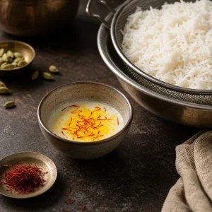 Leite com acafrao ao lado de arroz basmati escorrido