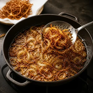 Cebolas fatiadas fritando ate ficarem douradas e crocantes