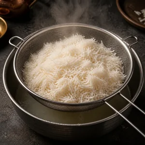 Arroz basmati pre-cozido a vapor num coador