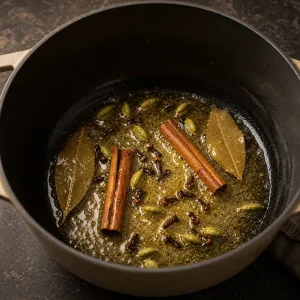Especiarias inteiras a chiar no ghee dentro de uma panela pesada