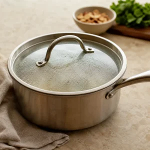Covered saucepan resting off the heat