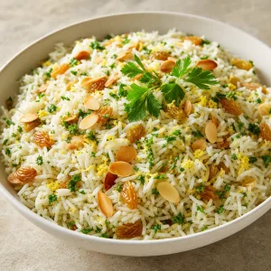 Finished rice pilaf garnished with almonds and parsley