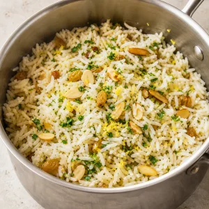 Fluffy rice mixed with toasted almonds, parsley, and lemon zest
