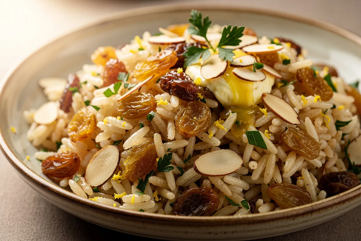 Pilaf de riz parfumé aux raisins, amandes et herbes