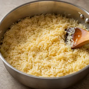 Glossy rice grains toasting with onion and garlic